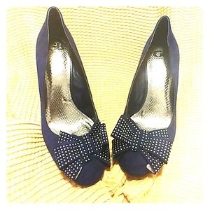 Deep Navy Blue Suede Shoes with Bold Blue Bow
